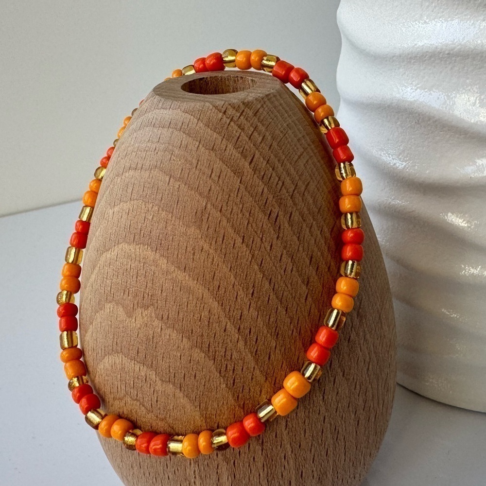 Stretch Beaded Anklet Orange Yellow and Gold - Picture 3 of 12